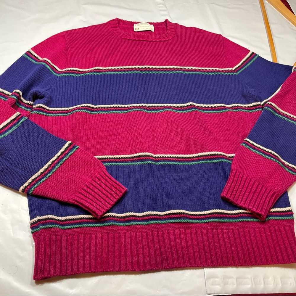 LORD JEFF Pink PURPLE WIDE Stripes 3D knit SWEATER Cotton USA Unisex large mens